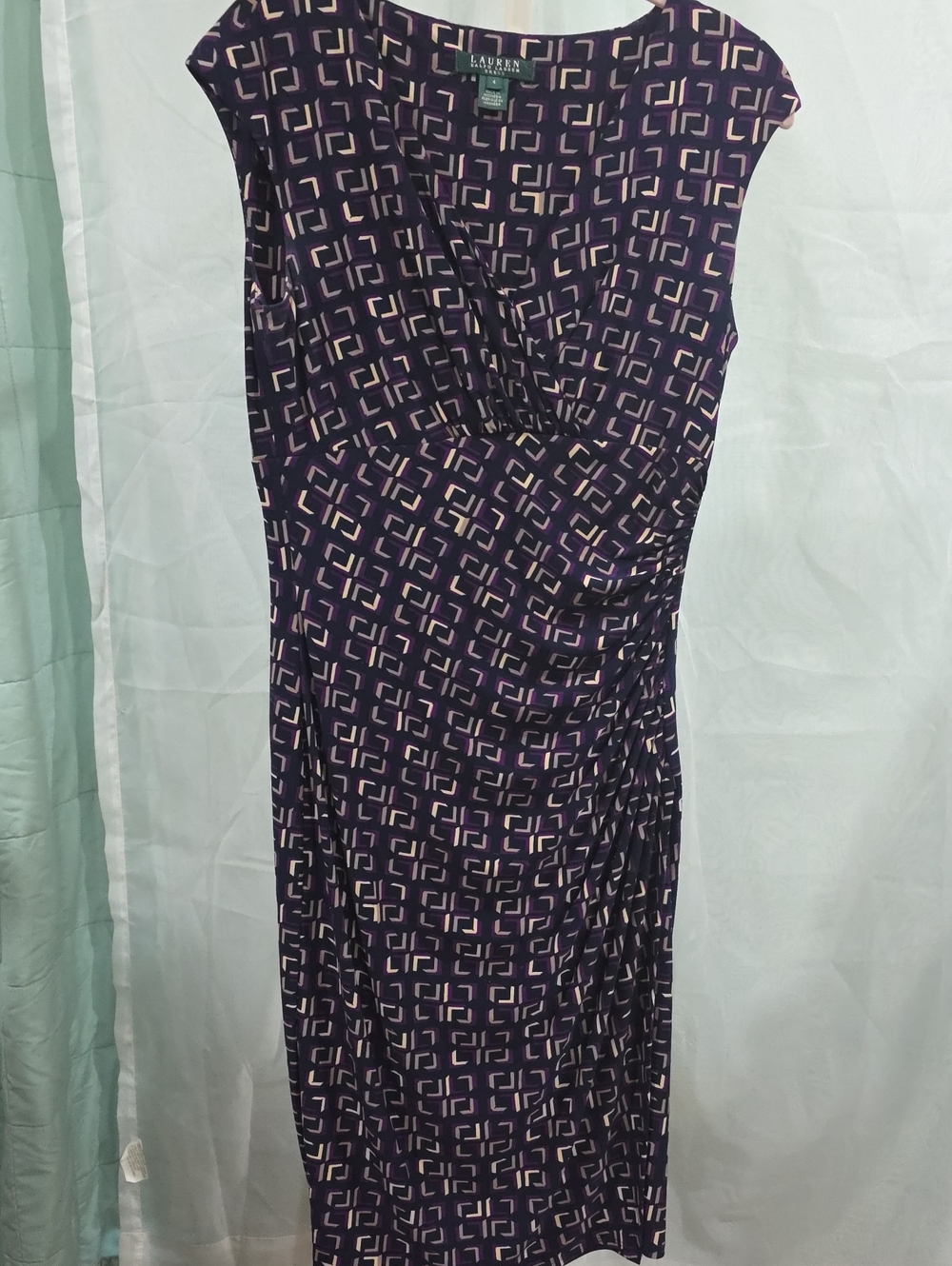 #219 Lauren Ralph Lauren Purple Geometric Ruched Jersey Sheath Dress Sz 4